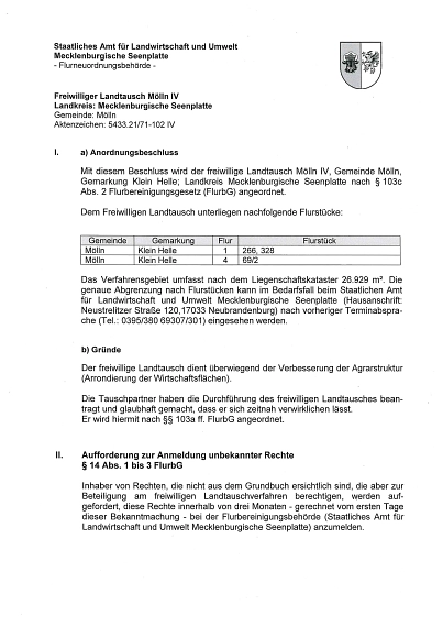 Anordnungsbeschluss: Freiwilliger Landtausch: Mölln IV Seite 1 © Amt Stavenhagen
