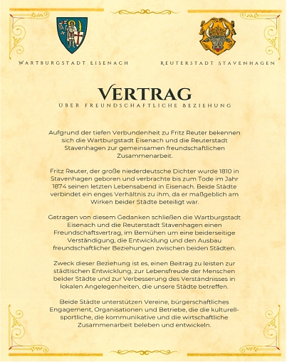 Freundschaftsvertrag Eisenach - Seite 1 Freundschaftsvertrag Eisenach - Seite 1 © Amt Stavenhagen