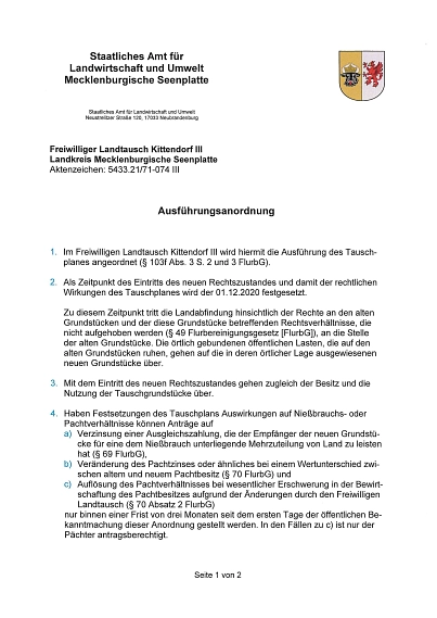 Öffentliche Bekanntmachung im freiwilligen Landtausch Kittendorf III, Landkreis Mecklenburgische Seenplatte © Amt Stavenhagen