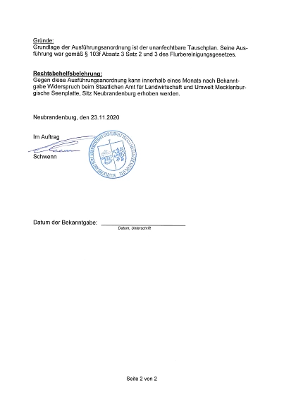Öffentliche Bekanntmachung im freiwilligen Landtausch Kittendorf III, Landkreis Mecklenburgische Seenplatte © Amt Stavenhagen