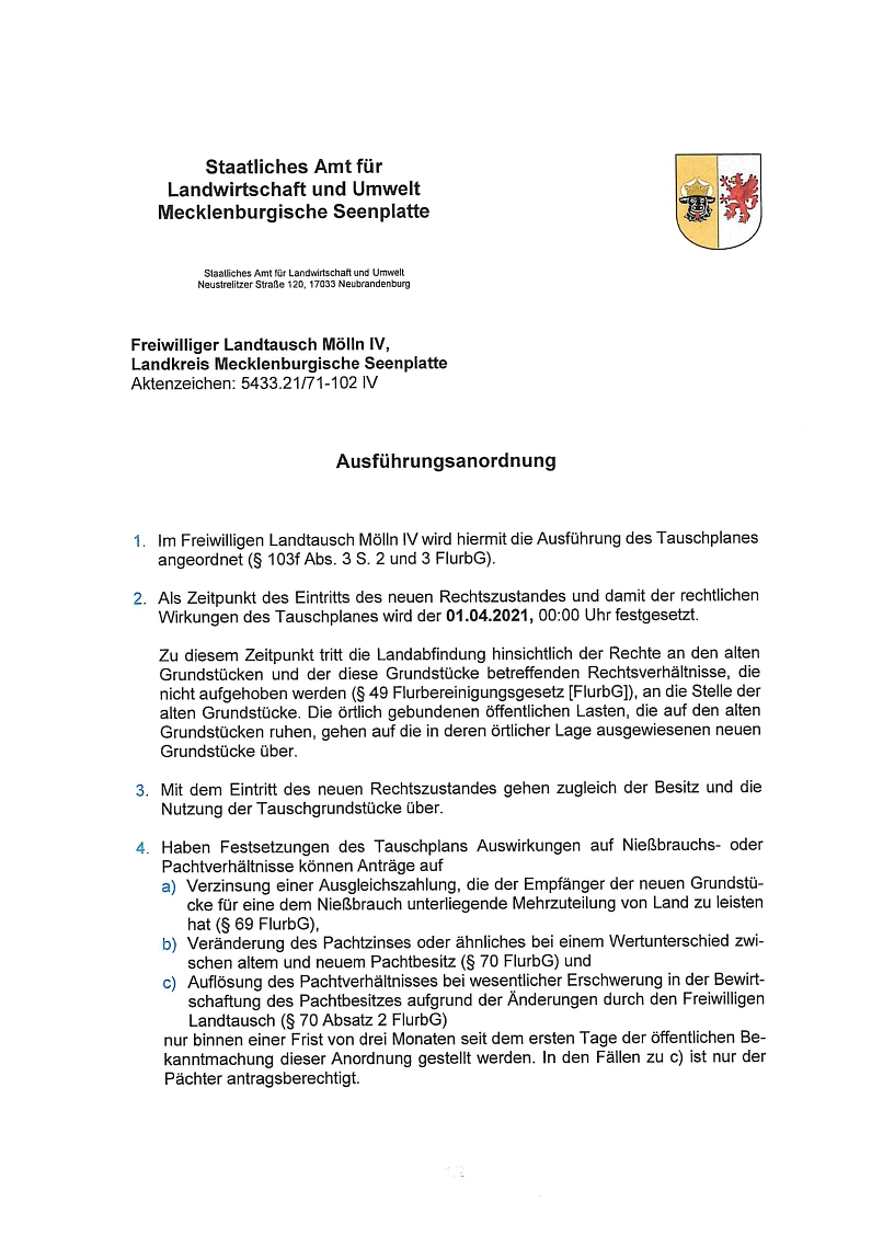 Öffentliche Bekanntmachung im freiwilligen Landtausch Mölln IV - 1 © Amt Stavenhagen